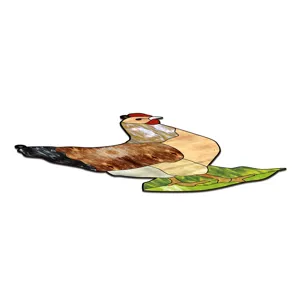 Stained acrylic bird hanging ornament, colorful chicken pendant for home decor detail view.