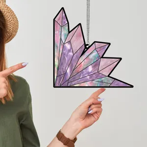 Crystal cluster stained acrylic window hanging decor, elegant pink purple home wall decoration.