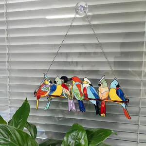 Acrylic stained glass window hanging suncatcher with colorful birds on branch home decor.