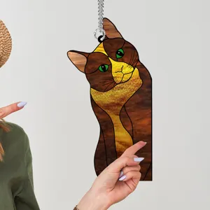 Stained glass style acrylic cat hanging ornament for home decor, detailed view of cute cat.