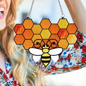Colorful acrylic honeycomb bee window hanging suncatcher pendant with chain for home decor.