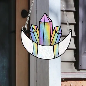 Crescent moon and crystal stained glass style suncatcher acrylic hanging ornament detail