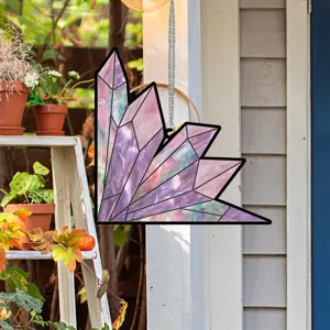 Stained acrylic crystal suncatcher hanging ornament, purple pink geometric window decor.