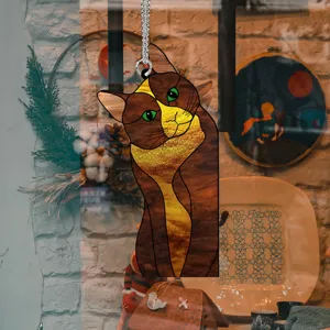 Stained glass style cat hanging ornament, artistic acrylic pendant for home decor window display.