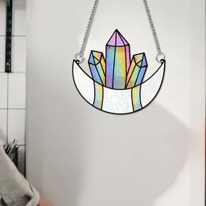 Crystal moon hanging ornament, stained glass window suncatcher, acrylic home decor piece.