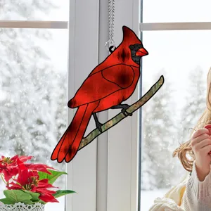 Stained acrylic red cardinal bird window hanging suncatcher with chain for home decor
