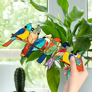 Stained acrylic bird window hanging decor, colorful multi-bird branch suncatcher.