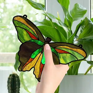 Colorful acrylic butterfly window hanging decor ornament, beautiful stained glass style detail.