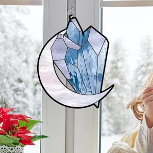 Exquisite crystal moon hanging pendant, stained glass style acrylic home window decor piece.