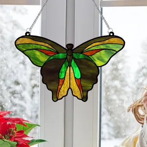 Stained glass butterfly window hanging, colorful acrylic animal suncatcher decor.