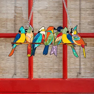 Colorful acrylic bird hanging ornament detail view showing vibrant multi-colored stained glass style.