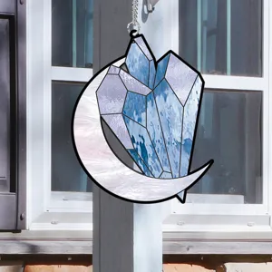 Stained glass style crystal moon suncatcher hanging ornament for window decoration.