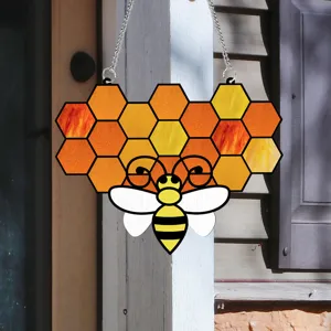Acrylic honeycomb bee window hanging suncatcher, cute animal decor for home garden.