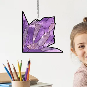Detail shot of a purple geometric crystal stained glass acrylic hanging decor with chain.