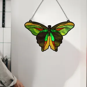 Stained glass style butterfly hanging acrylic sign, vibrant color window decor pendant