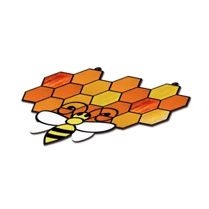 Stained glass style acrylic honeycomb bee hanging pendant detail shot, vibrant window decor.
