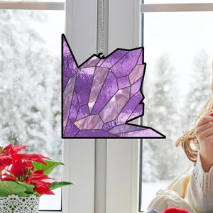 Purple crystal stained glass window hanging ornament, elegant home decor suncatcher piece.