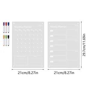 Clear acrylic weekly monthly planner board set with colored dry erase markers and dimensions.
