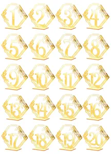 Vue détaillée des numéros de table de mariage en acrylique doré de 1 à 20 pour décoration.