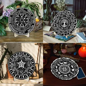 Wooden Wheel of the Year Calendar Desktop Ornament Astrological Wicca Pagan Altar Plaque with Stand Home Room Decor