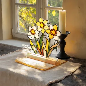 Acrylic floral daffodil desktop ornament with wooden base for home decor display.