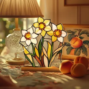 Stained glass style daffodil acrylic desktop ornament with wooden LED light base decor.