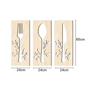 Ensemble de déco murale couverts en bois, panneaux fourchette cuillère couteau 60cm.
