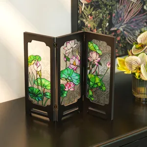 Miniature lotus folding screen ornament, vintage tabletop decor with relief glass design.