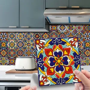 Detailed view of vibrant Moroccan style tile sticker featuring colorful floral geometric patterns.