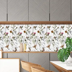 Vista dettagliata di adesivo per piastrelle vintage francese con uccelli per decoro cucina.