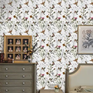 Carta da parati floreale con uccelli vintage francese adesivo murale per camera da letto