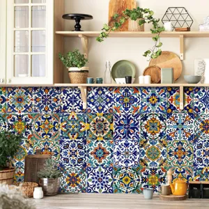 Detailed view of Moroccan style tile stickers in a modern kitchen scene, decorative waterproof wall decor.