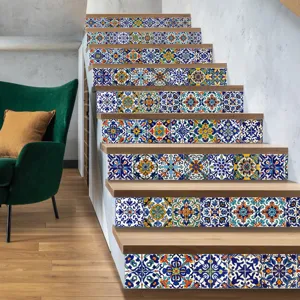 Moroccan tile stickers detail showcasing intricate blue and orange patterns on stairs.