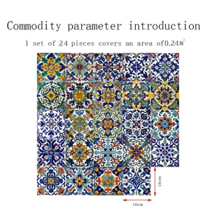 Moroccan style tile wall stickers, 24 pieces set covers 0.24 square meters, durable PVC.