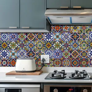 Detailed view of colorful Moroccan style kitchen tile stickers waterproof wall decor backdrop.