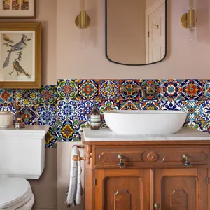 Moroccan style tile stickers, colorful vintage geometric patterns for bathroom wall decor details.
