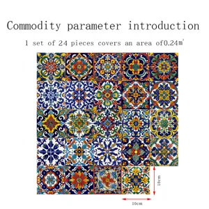 Moroccan style tile stickers, 24 pieces set covering 0.24 sqm, 10x10cm each for home decor.