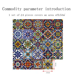 Moroccan tile stickers detail view, 24 pieces set covering 0.54 square meters, 15x15cm size.