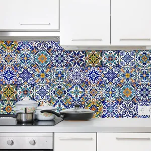 Kitchen backsplash tile stickers, Moroccan style waterproof self-adhesive wall decor details.