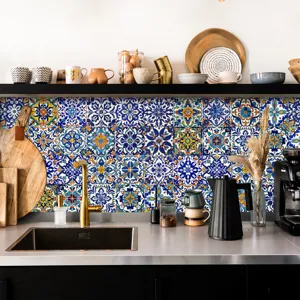 Moroccan tile wall sticker, waterproof self-adhesive kitchen backsplash home decor detail.
