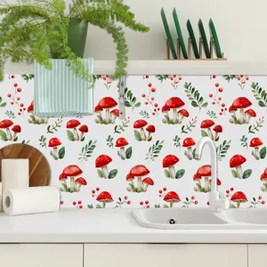 Vista dettagliata dell'adesivo murale per piastrelle con funghi ad acquerello cucina.