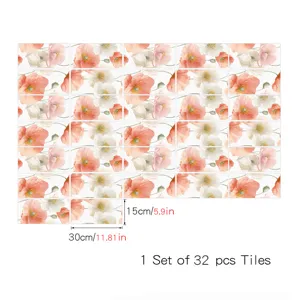 Vista dettagliata di adesivi per piastrelle con fiori di papavero, dimensioni e set 32pz.