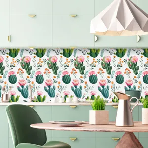 Adesivo murale con fiori di cactus per cucina, adesivo impermeabile per piastrelle decorative.