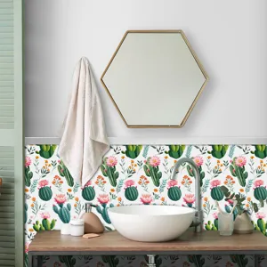 Adesivo per carta da parati con cactus e fiori per decorazione parete cucina bagno.