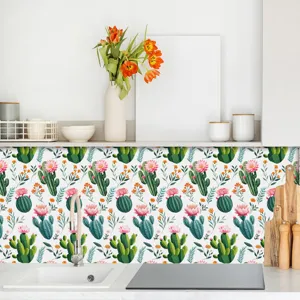 Adesivo per paraschizzi cucina con motivi di cactus ad acquerello e fiori rosa per decoro.