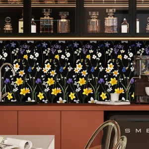 Vista dettagliata dell'adesivo murale floreale francese con vivaci narcisi su uno sfondo nero.