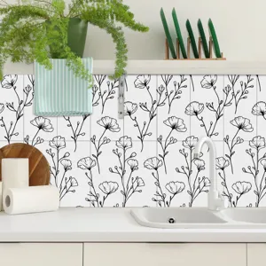 Adesivo per piastrelle floreale in bianco e nero per cucina, carta da parati adesiva.