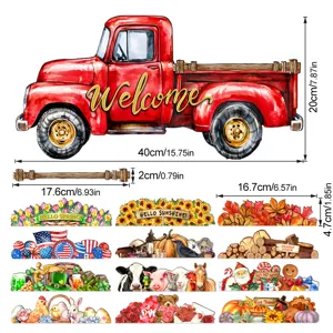 Set decorativo per camion in legno magnetico stagionale intercambiabile con pezzi festivi.