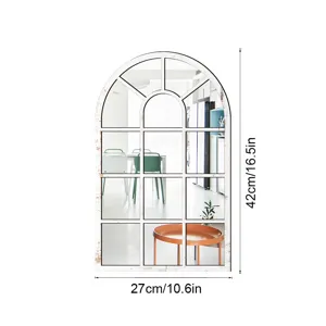 Detailed view of arched window mirror wall sticker with grid panels for home decor.