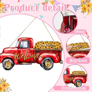 Targhetta in legno con camion rosso e girasoli, decorazione magnetica autunnale per casa.
